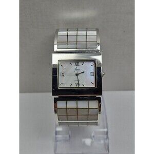 Aria Womens Mother Of Pearl Mosaic Silver Cuff Bracelet Quartz Watch New Battery